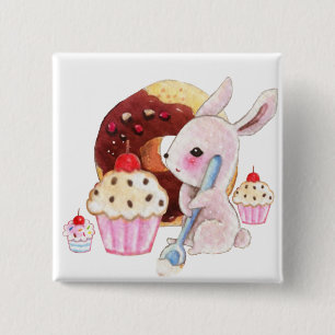 Cute bunny and kawaii cupcakes 15 cm square badge