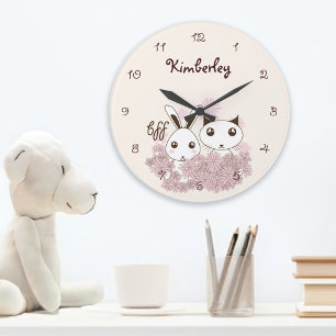 Cute Bunny and Kitten Animal Friends Kids Large Clock