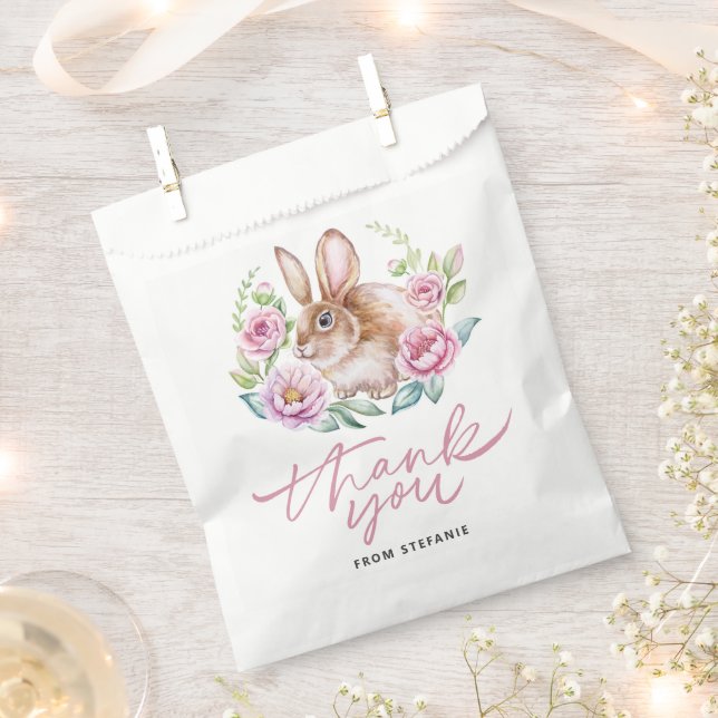 Cute Bunny and Pink Flowers Baby Shower Thank You Favour Bag (Clipped)
