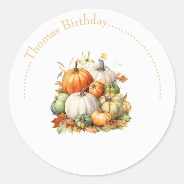 Cute Bunny and pumpkins Fall Birthday Classic Round Sticker (Front)