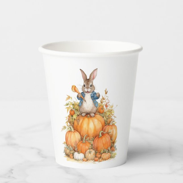 Cute Bunny and pumpkins Fall Birthday Paper Cups (Front)