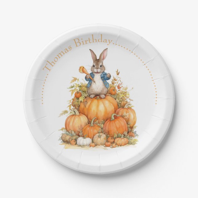 Cute Bunny and pumpkins Fall Birthday Paper Plate (Front)