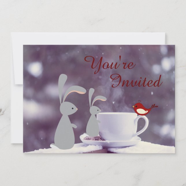 Cute Bunny and Tea Cup in Snow 1st Birthday Invitation (Front)