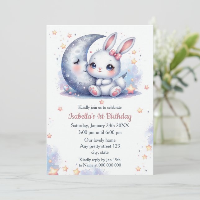 cute bunny and the crescent moon birthday invitation (Standing Front)