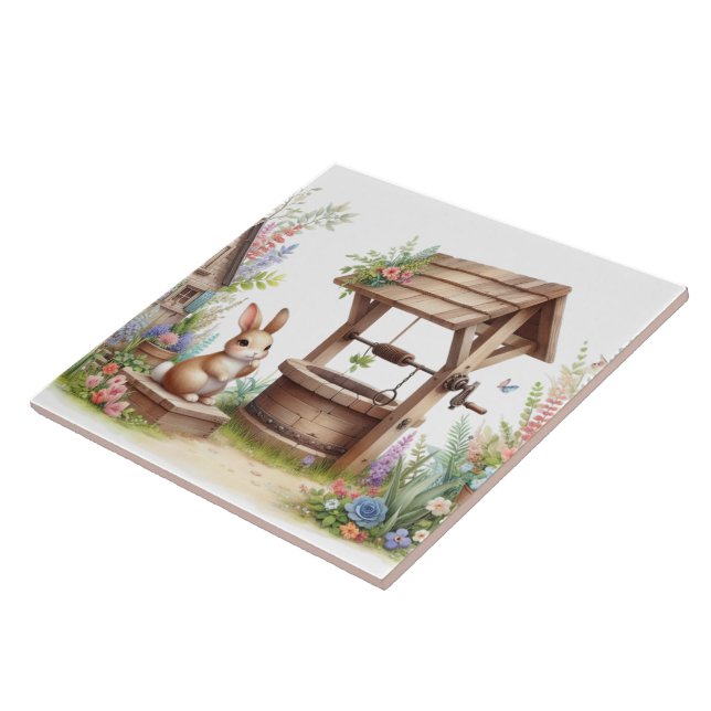 Cute bunny and well Country  Ceramic Tile (Side)