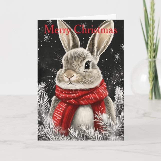 Cute Bunny at Christmas Holiday Card (Front)