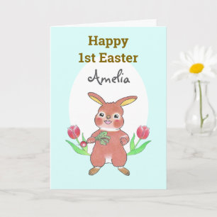 Cute Bunny Baby Happy 1st  Easter Blue Folded Card