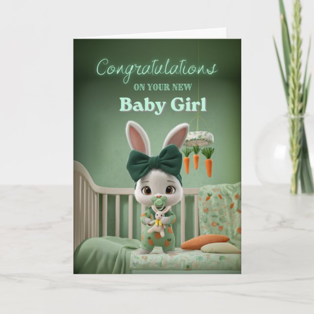 Cute Bunny Baby in Green Congrats on New Baby Girl Card (Front)
