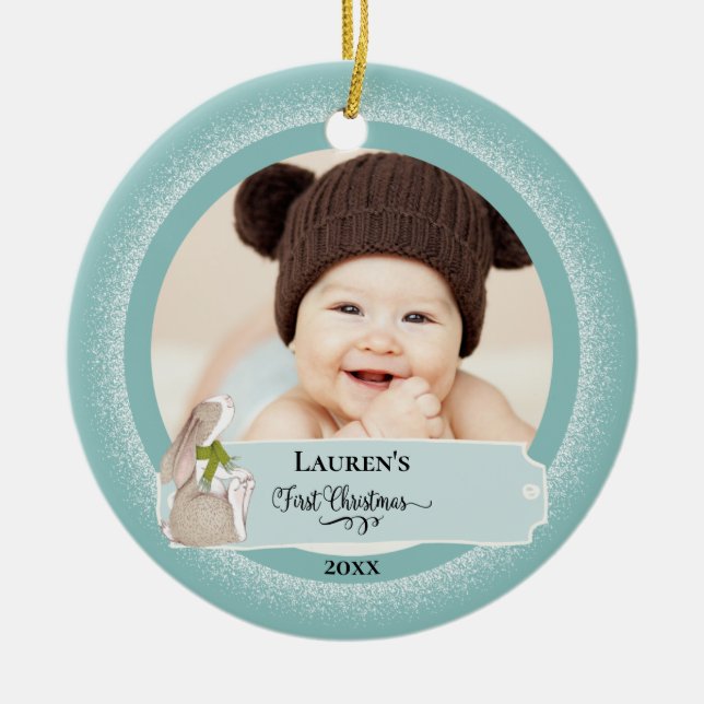 Cute Bunny Baby Photo First Christmas Ceramic Ornament (Front)