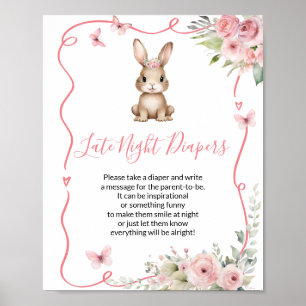 Cute Bunny Baby Shower Girl Late Night Diapers Poster
