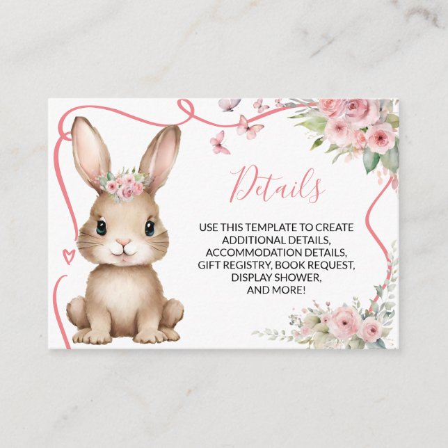 Cute Bunny Baby Shower Girl Pink Floral Details Enclosure Card (Front)
