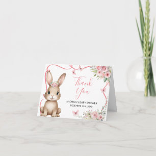 Cute Bunny Baby Shower Girl Pink Floral Folded Thank You Card