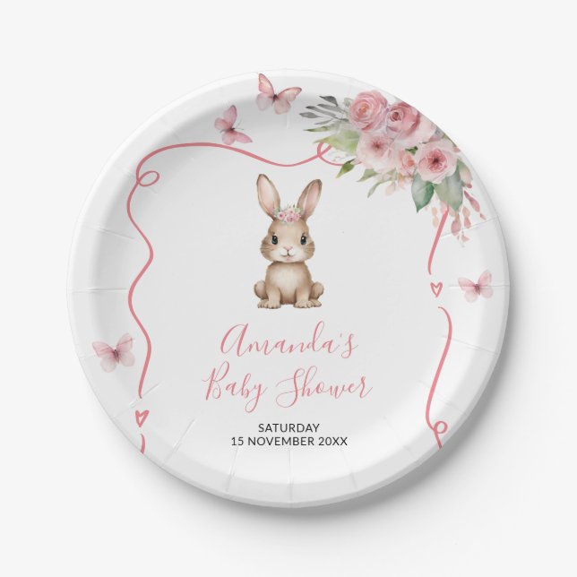 Cute Bunny Baby Shower Girl Pink Floral Paper Plate (Front)
