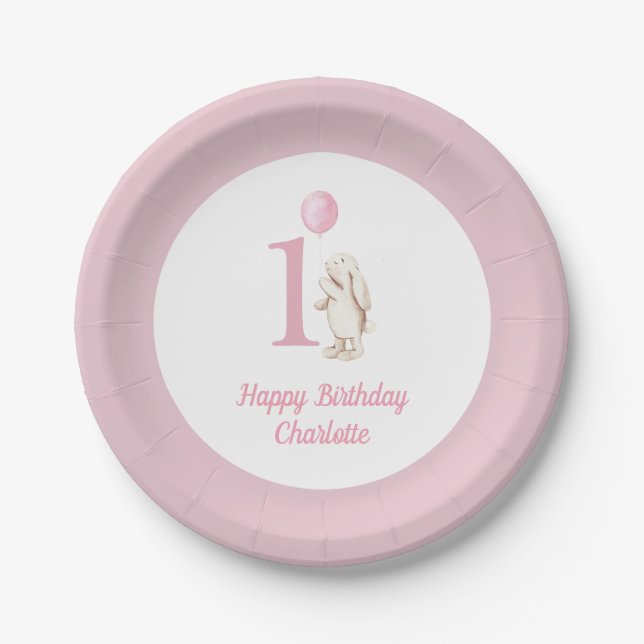 Cute Bunny & Balloon Pink Happy Birthday 1st Paper Plate (Front)
