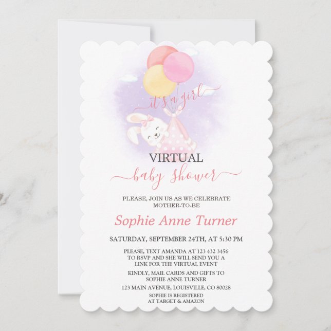 Cute Bunny Balloons Girl Virtual Baby Shower Invitation (Front)