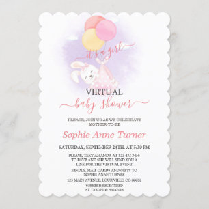 Cute Bunny Balloons Girl Virtual Baby Shower Invitation