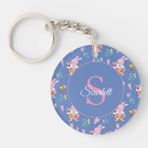 Cute bunny bee pattern Monogram Name blue Key Ring