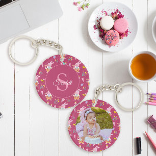 Cute bunny bee pattern Monogram Name Magenta Key Ring