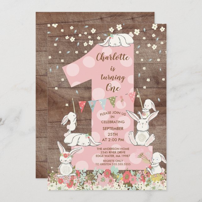 Cute Bunny Big One Girls Birthday Invitation (Front/Back)