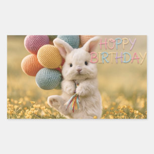 Cute Bunny Birthday Greeting with Balloons Rectangular Sticker