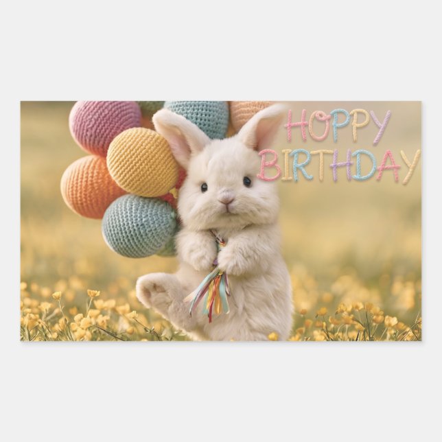 Cute Bunny Birthday Greeting with Balloons Rectangular Sticker (Front)