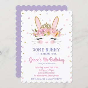 Cute Bunny Birthday Invitation Girls Rabbit Purple