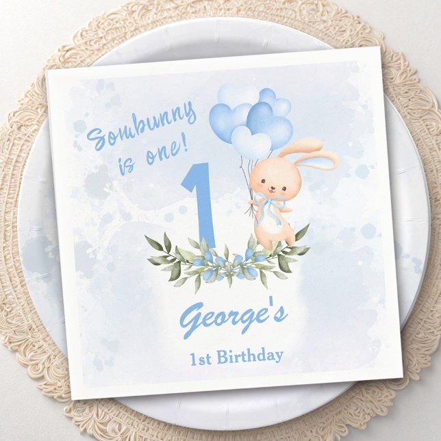 Cute Bunny Blue 1st Birthday Boy Greenery Spring Napkin (Cute Bunny Blue 1st Birthday Boy Greenery Spring Napkins)