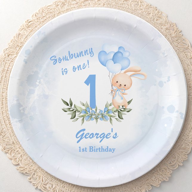 Cute Bunny Blue 1st Birthday Boy Spring Paper Plate (Cute Bunny Blue 1st Birthday Boy Spring Paper Plates)