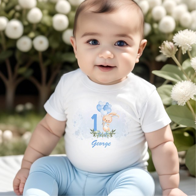 Cute Bunny Blue 1st Birthday Name Greenery Spring Baby T-Shirt (Cute Bunny Blue 1st Birthday Boy Greenery Spring Baby T-Shirt)