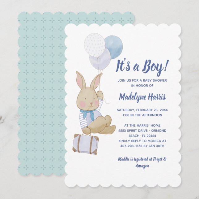 Cute Bunny Blue Balloons Its a Boy Baby Shower Invitation (Front/Back)