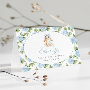 Cute Bunny, Blue Bow, Blue Flowers, Baby Shower Thank You Card