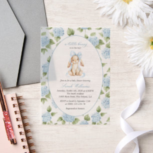 Cute Bunny, Blue Bow, Blue Flowers, Baby Shower Vellum Invitations