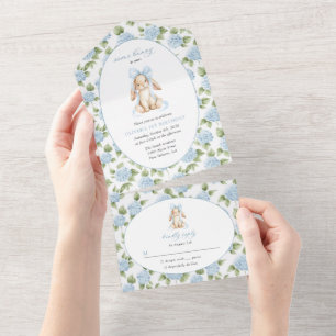 Cute Bunny, Blue Bow, Blue Flowers, First Birthday All In One Invitation