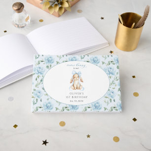 Cute Bunny, Blue Bow, Blue Flowers, First Birthday Guest Book