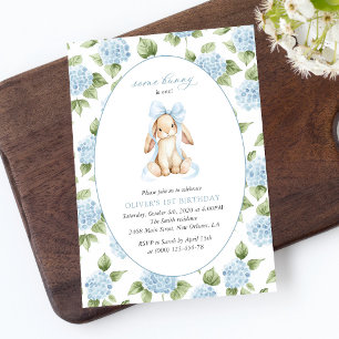 Cute Bunny, Blue Bow, Blue Flowers, First Birthday Invitation