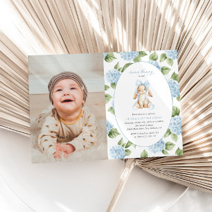 Cute Bunny, Blue Bow, Blue Flowers, First Birthday Invitation