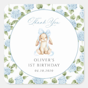 Cute Bunny, Blue Bow, Blue Flowers, First Birthday Square Sticker