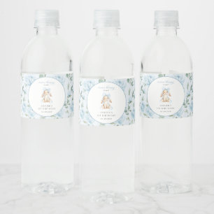 Cute Bunny, Blue Bow, Blue Flowers, First Birthday Water Bottle Label