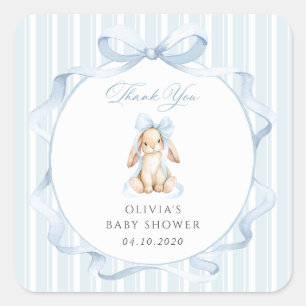 Cute Bunny, Blue Bow, Blue Stripes, Baby Shower Square Sticker