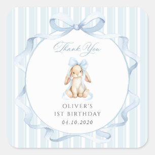 Cute Bunny, Blue Bow, Blue Stripes, First Birthday Square Sticker