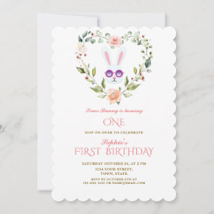 Cute Bunny Blush Flowers Heart Girl 1st Birthday Invitation