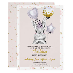Cute Bunny Blush Pink Gold Confetti Girl Birthday Invitation