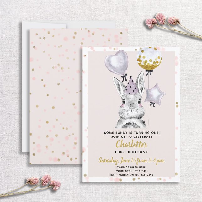 Cute Bunny Blush Pink Gold Confetti Girl Birthday Invitation (Creator Uploaded)