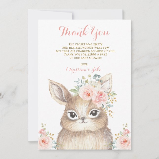 Cute Bunny Blush Pink Gold Floral Baby Shower Thank You Card (Front)