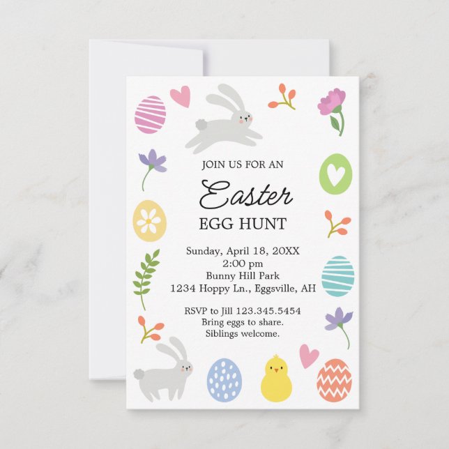 Cute Bunny Border Easter Invitation Egg Hunt (Front)