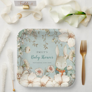 Cute Bunny Botanical Powder Blue Baby Shower Paper Plate