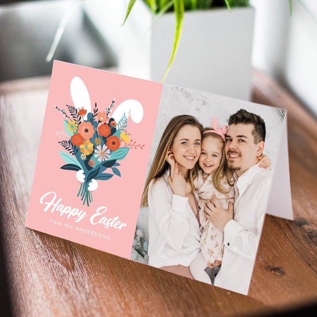 Cute Bunny Bouquet Easter Photo Holiday Card (Creator Uploaded)