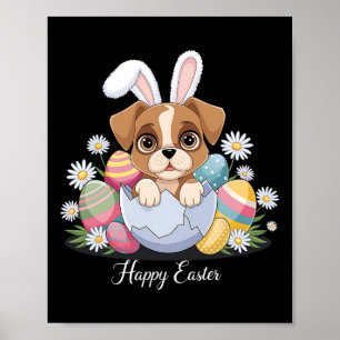 Cute Bunny Boxer Dog Floral Easter Eggs Sket Dog P Poster