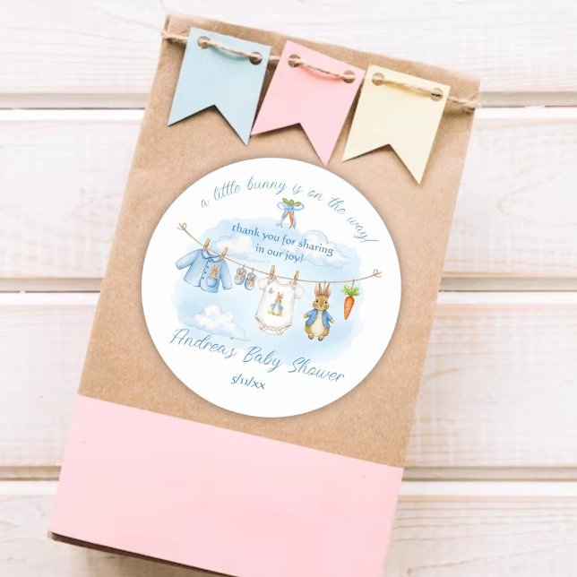 Cute Bunny Boy Clothesline Baby Shower Thank You  Classic Round Sticker (Creator Uploaded)