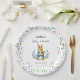 Cute Bunny Boy Floral Blue Bow Baby Shower Paper Plate